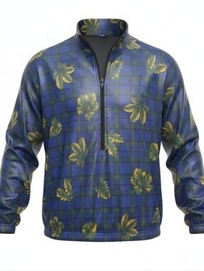 Vintage Sunice Blue Plaid Half-Zip Windbreaker with Yellow Leaf Print SZ XL